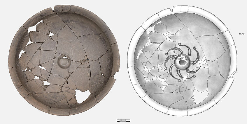 Eine restaurierte Schale. Links die Fotografie der Schale, rechts die Zeichnung nach der Fotografie.